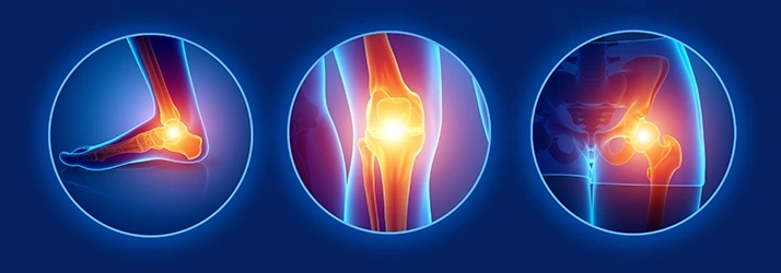 Illustration of an ankle joint with a highlighted glowing area, shown in blue and orange tones.